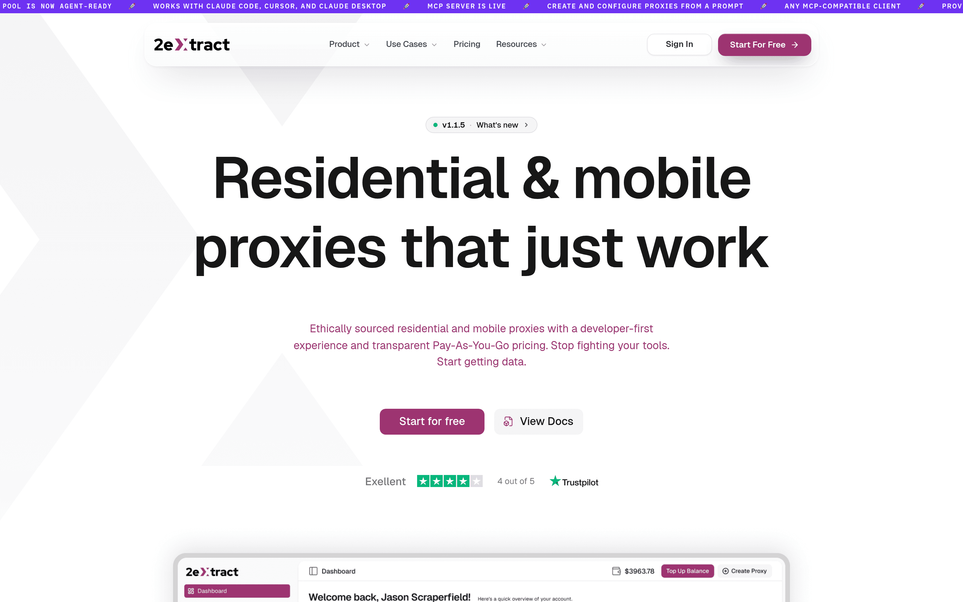 The 2extract home page, with a ticker across the top announcing that the pool is agent-ready and the MCP server is live.