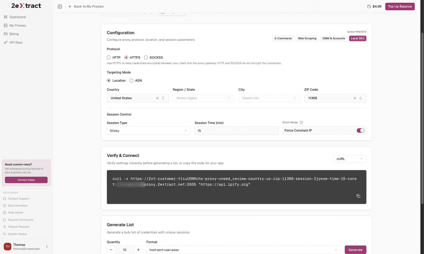 One click on the Local SEO preset fills in ZIP 11368, a sticky 15-minute session and Force Constant IP, and appends -const to the username.