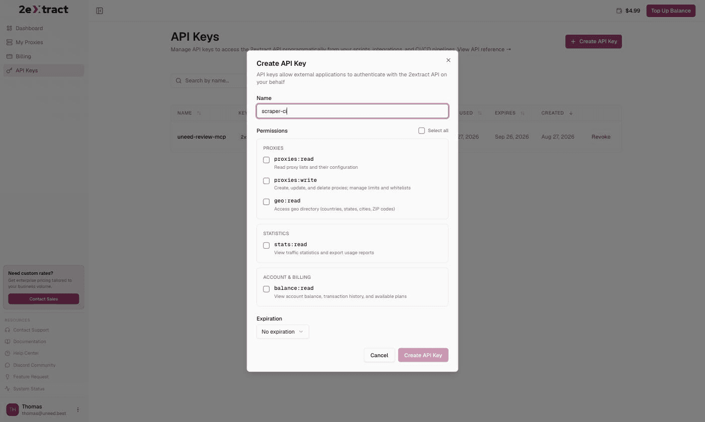 The API key dialog: five scopes to tick individually, and an expiry that runs from 30 days to never.