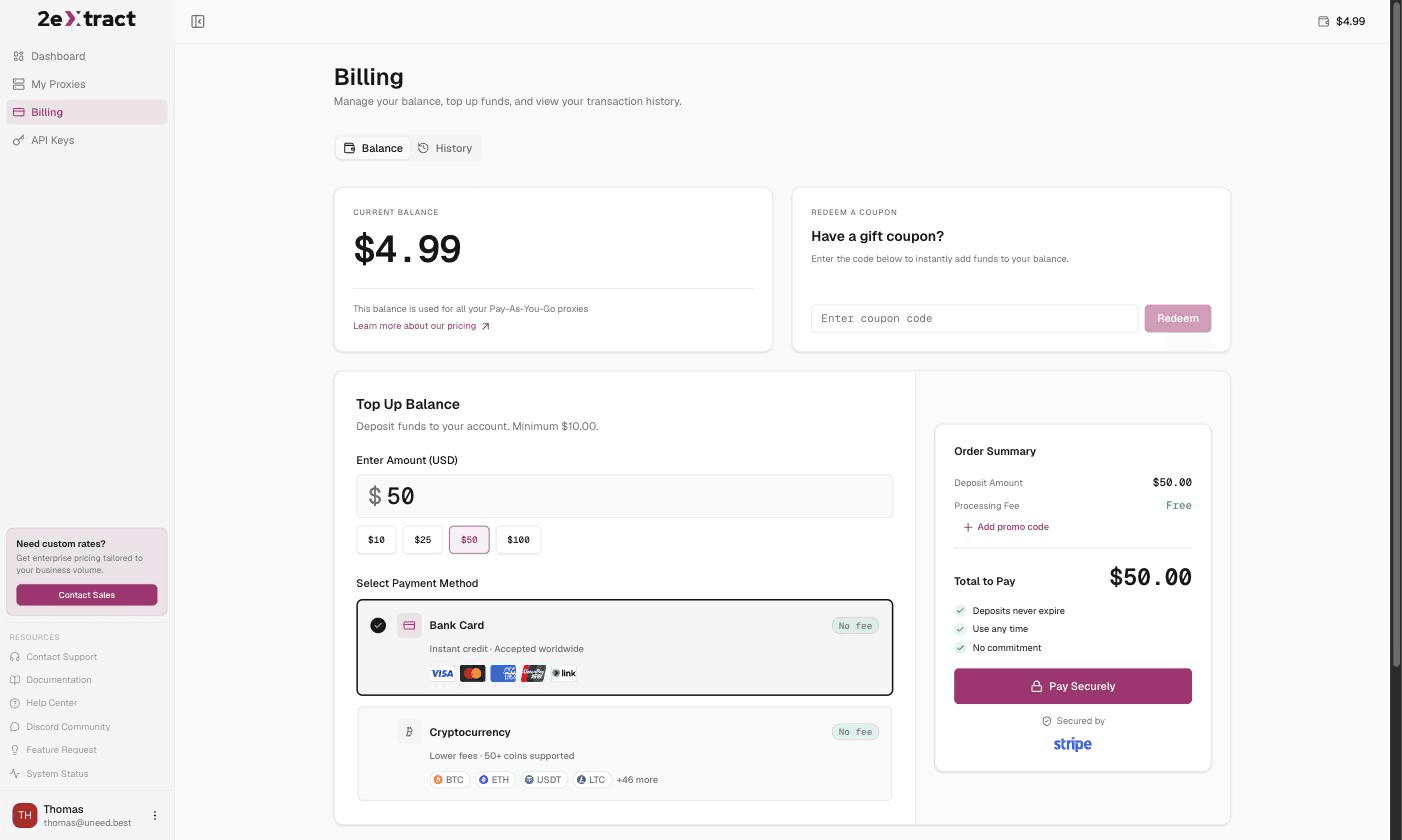 The Billing page: a prepaid balance every proxy draws from, a $10 minimum top-up, and card or crypto with no processing fee on either.
